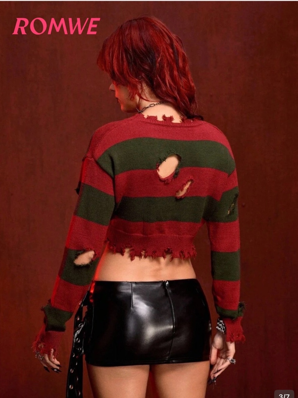 ROMWE Red & Green Cropped Distressed Stripe Sweater